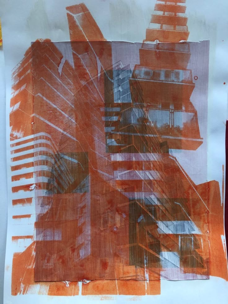 an orange and white painting on paper with buildings in the background, as if it were collaged together