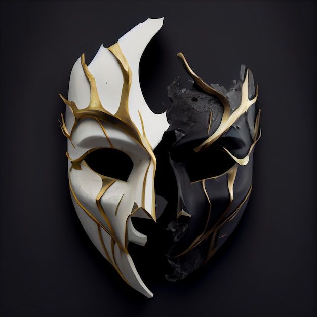 a black and white mask with gold details