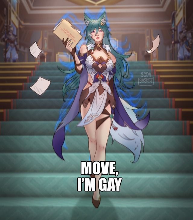 an anime character is walking up some stairs with papers in her hand and the caption reads move, i'm gay