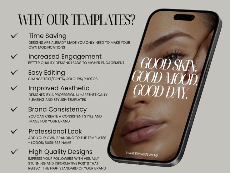 a cell phone with the words good skin, good mood and an image of a woman's face