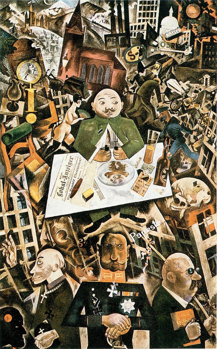 a painting with people sitting at a table surrounded by objects