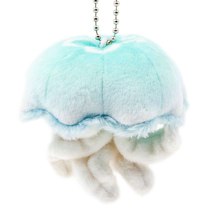 a blue and white stuffed animal hanging from a metal ball chain on a white background