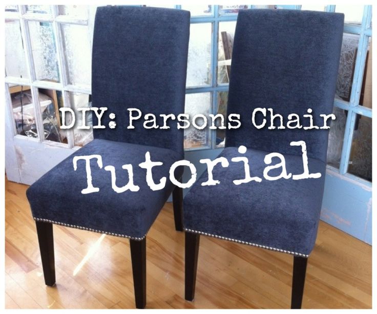 two blue chairs with the words diy parsons chair on top of them