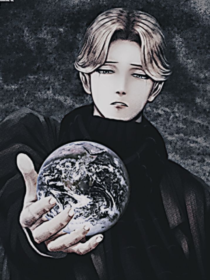 a drawing of a boy holding a globe in his hands with the earth in it's palm