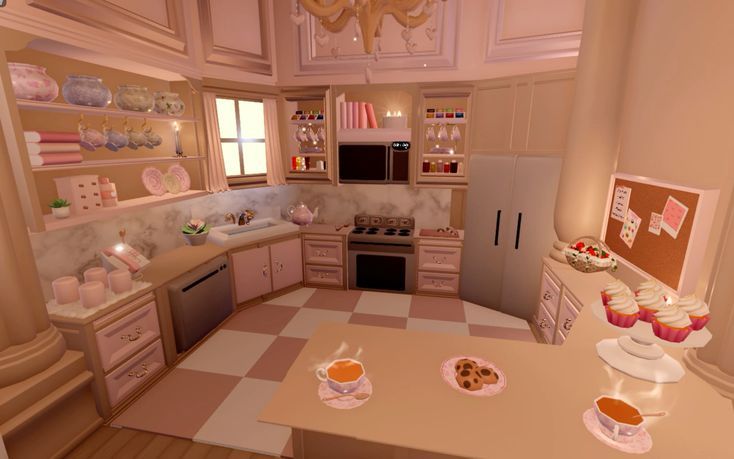 an animated kitchen with cupcakes on the counter and other items in the cabinets