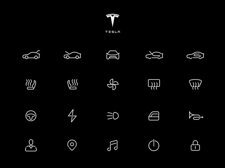 the tesla logo is shown in white on a black background, with other symbols surrounding it