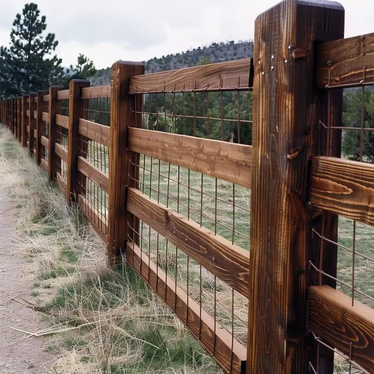 a wooden fence in the middle of a field