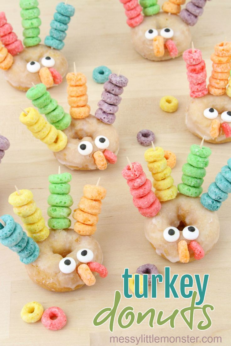 turkey donuts are decorated with candy and eyeballs