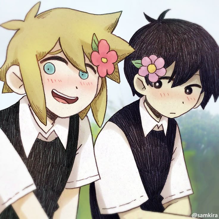 two anime characters are standing next to each other with flowers in their hair and one is looking at the camera