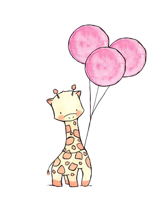 a giraffe holding three pink balloons in its mouth