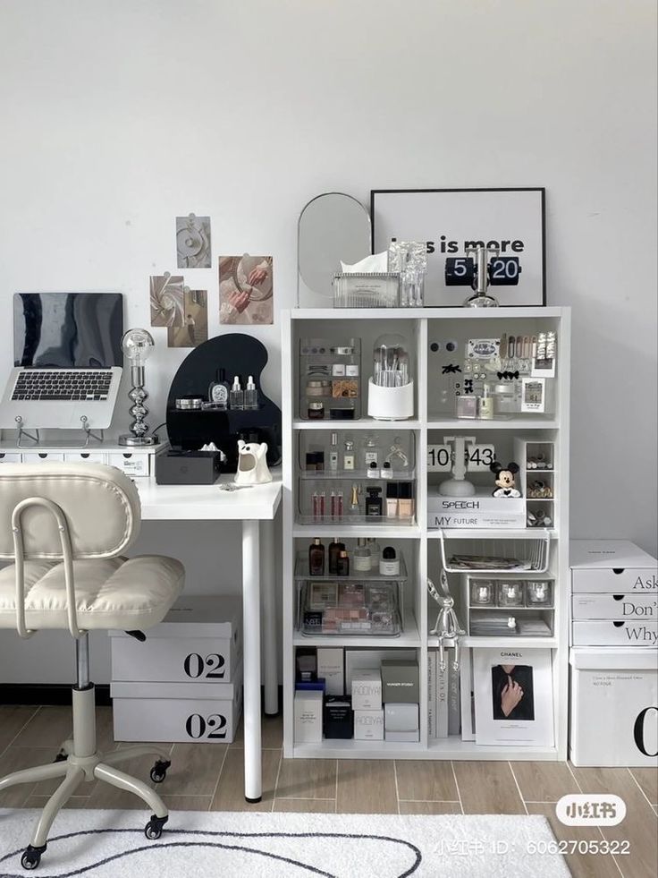 a white desk and chair in a room