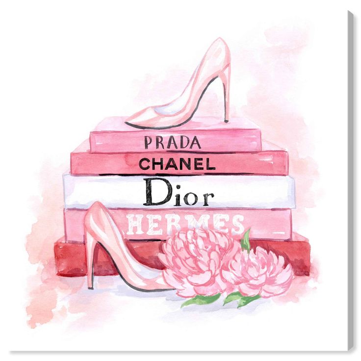 a watercolor painting of a stack of books with high heels and flowers on top