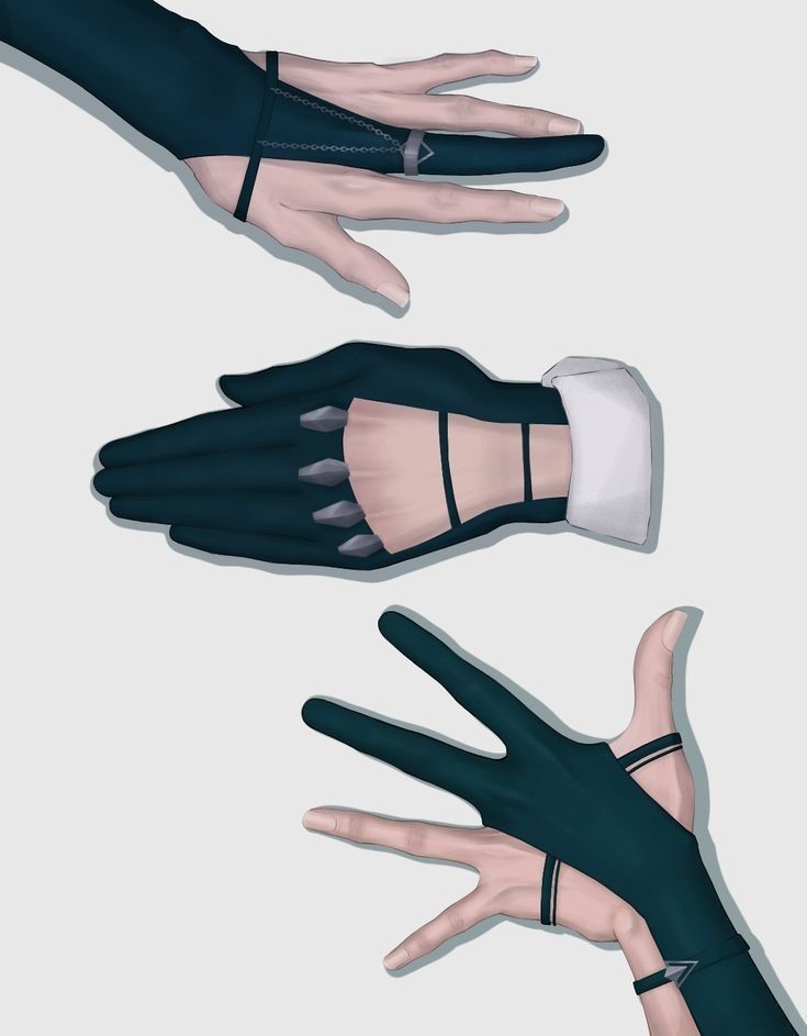 two hands wearing black gloves and one with white wristbands are shown in three different positions