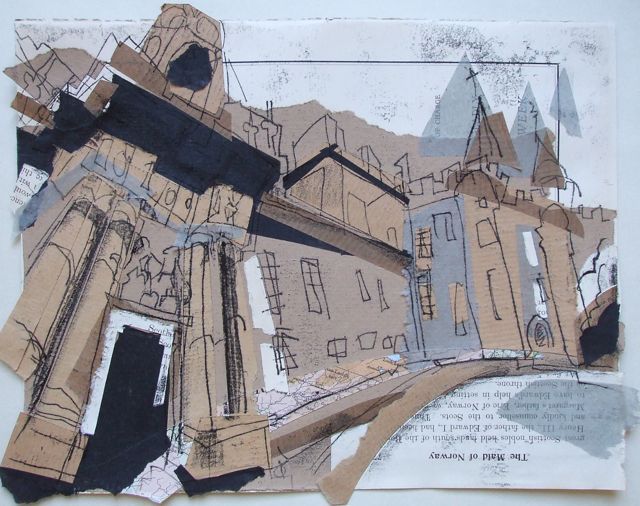 a collage of old buildings is displayed on a piece of paper that has been cut into smaller pieces