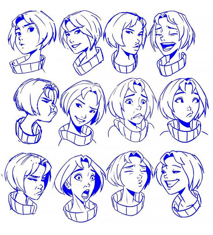 some cartoon faces with different expressions and hair styles, all drawn in blue marker on white paper