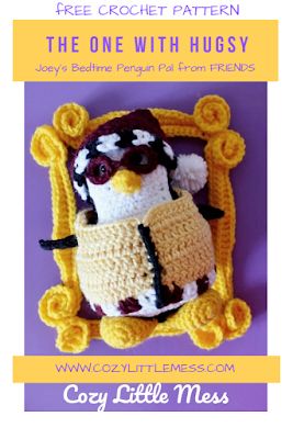 a crocheted penguin sitting in a frame with the text, free crochet pattern