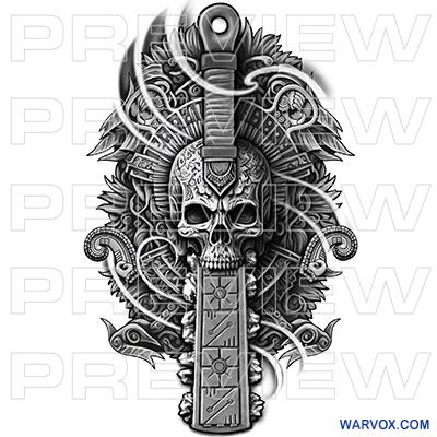 Mayan Skull Tattoo Design, Aztec Totem Tattoo, Mayan Skull Tattoo, Aztec Tattoo Designs Warriors, Aztec Skull Tattoo Design, Aztec Warrior Tattoo Sleeve, Aztec Forearm Tattoo For Men, Mayan Tattoos Men, Macuahuitl Tattoo