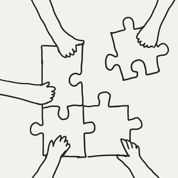 four people holding hands together to make a jigsaw puzzle piece with their hands