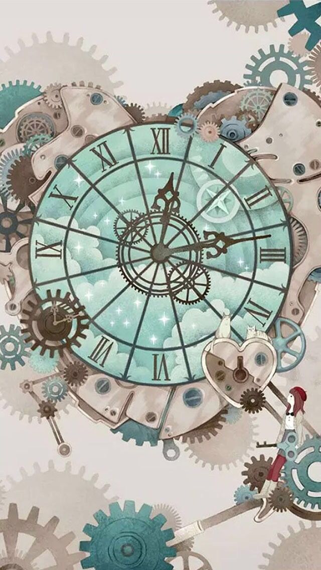 the clock is surrounded by gears and other mechanical things on it's face, as well as an image of a dog