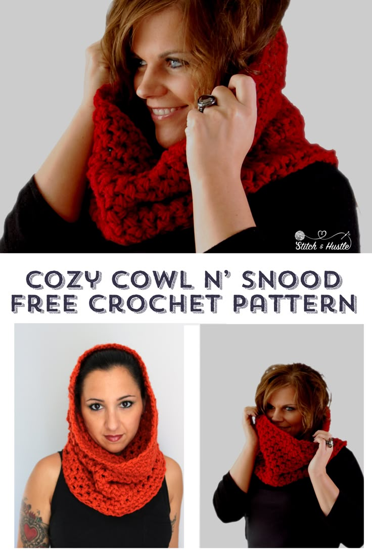 a woman wearing a red cowl scarf while talking on a cell phone with the text cozy cowl n'snood free crochet pattern