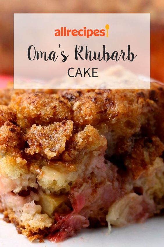 a close up of food on a plate with the words, oma's rhubarb cake