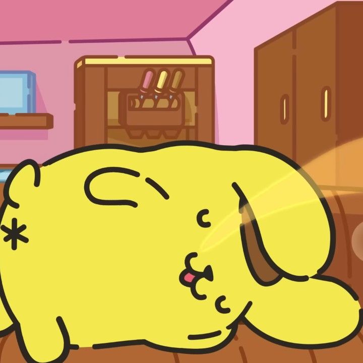 a cartoon dog laying on top of a bed in a bedroom next to a dresser