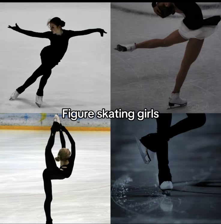 the figure skating girls are doing different moves on the ice and in their black outfits