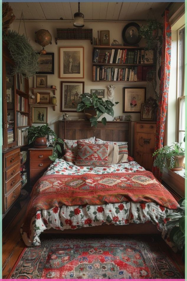 a bed sitting in a bedroom next to a window with lots of pictures on the wall