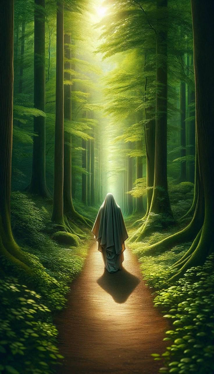 a person walking down a path in the middle of a forest