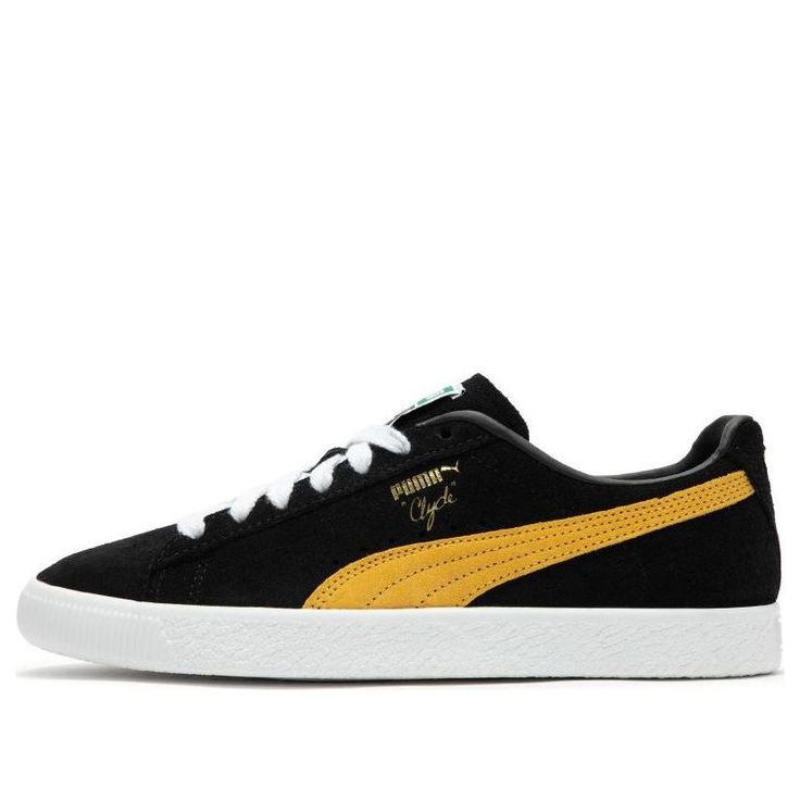 Puma Clyde OG 'Black Yellow' 391962-05 Black Sneakers For Light Sports With Gum Sole, Black Sneakers With Gum Sole For Light Sports, Modern Black Sneakers With Puma Logo, Black Puma Sneakers For Sports, Modern Black Puma Sneakers, Sporty Black Puma Sneakers, Black Puma Sneakers Synthetic Material, Black Synthetic Sneakers With Puma Logo, Black Synthetic Puma Sneakers