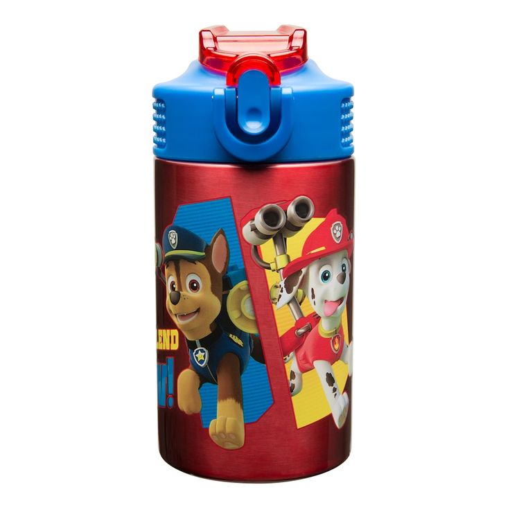 a red and blue water bottle with paw patrol characters on the front, sitting against a white background