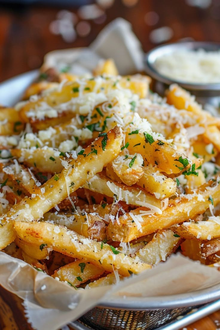 a white plate topped with cheesy french fries covered in parmesan cheese