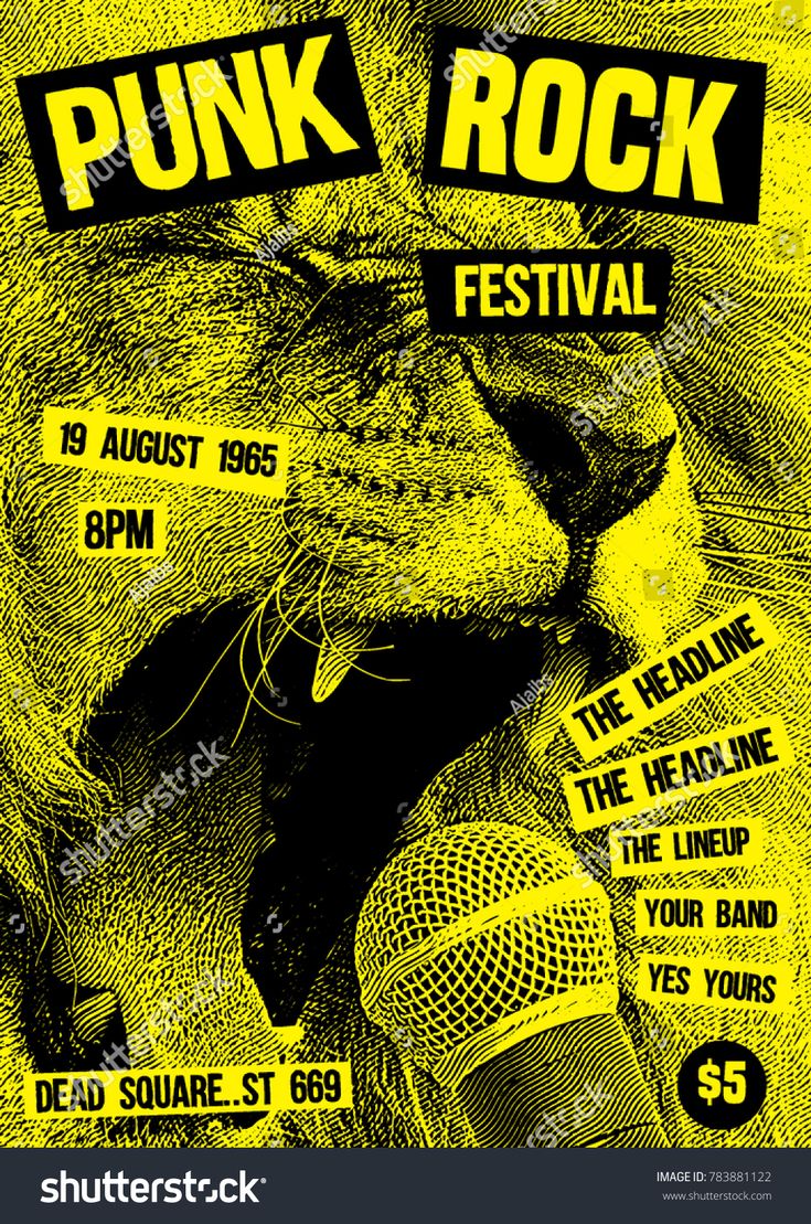 a poster for punk rock festival with a lion on the stage and microphone in front of it