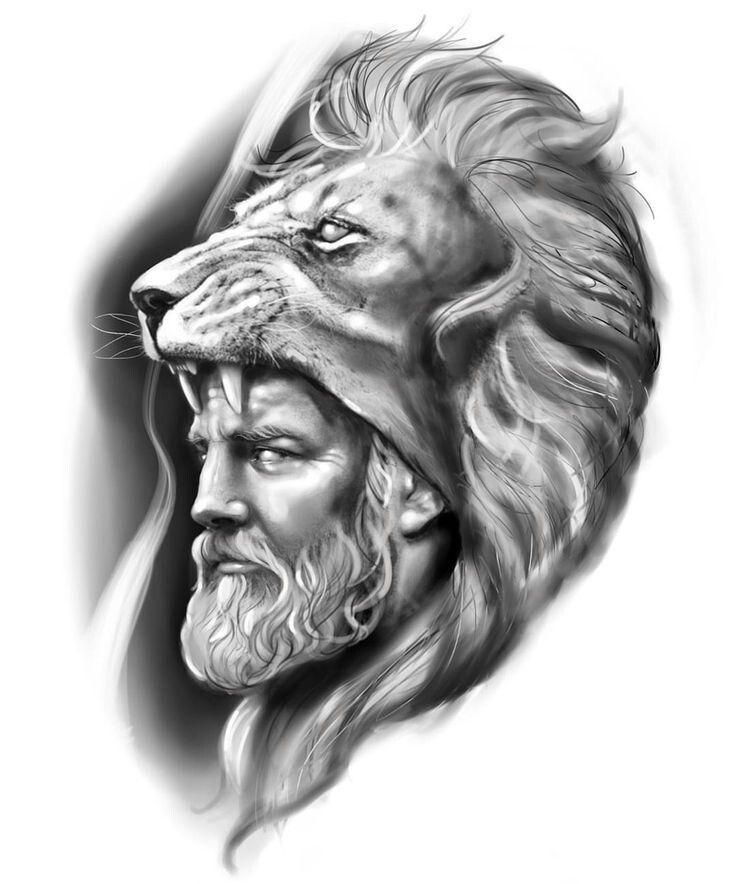 a black and white drawing of a man with a lion's head