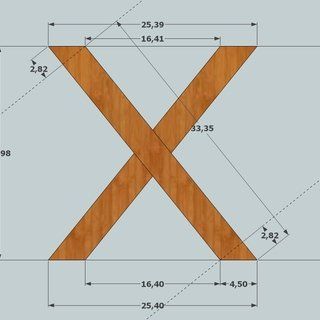 a wooden table with measurements for the top and bottom pieces, including two legs on each side