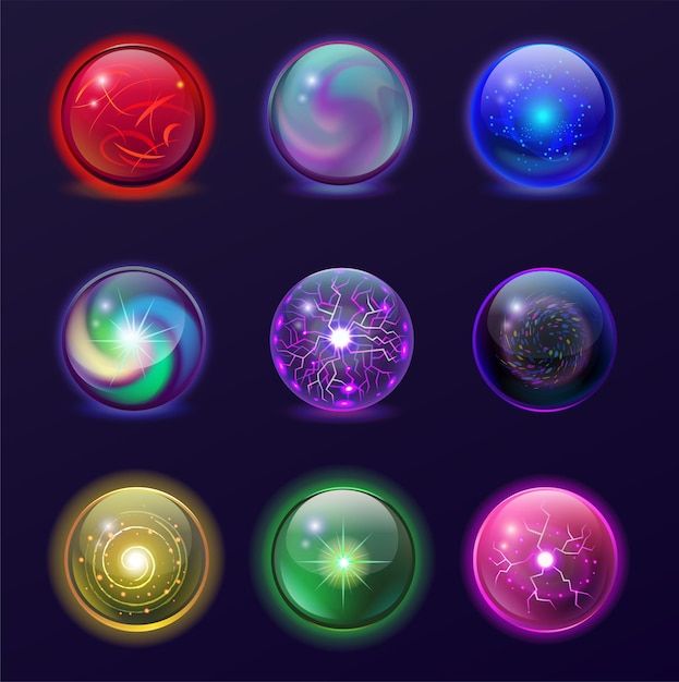 a set of different colored bubbles on a dark background with stars and sparkles in them