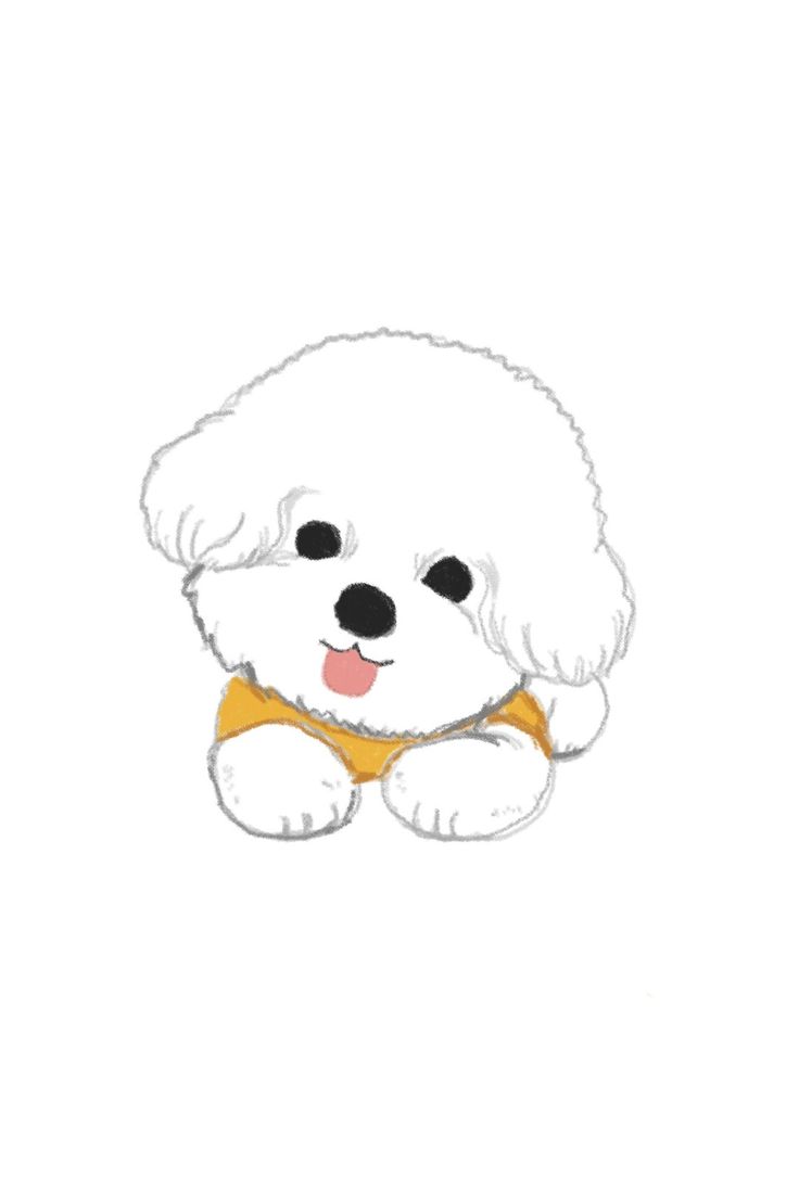 a drawing of a white dog with a yellow bow tie on it's neck