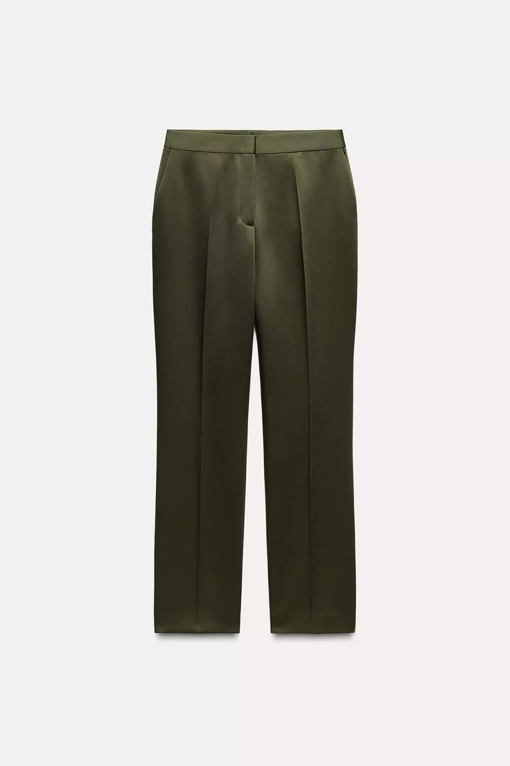 SATIN EFFECT PANTS - Dark green | ZARA United States Zara Pants With Pockets For Business Casual, Zara Straight Leg Pants With Welt Pockets, Zara Business Casual Pants With Belt Loops, Zara Business Casual Pants With Pockets, Zara Straight Dress Pants With Pockets, Spring Office Pants With Side Pockets, Zara Straight Leg Dress Pants With Pockets, Office Pants With Side Pockets For Spring, Green Workwear Bottoms With Welt Pockets