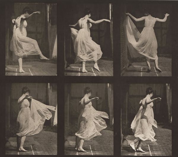 an old black and white photo of a woman in various poses with her dress flowing