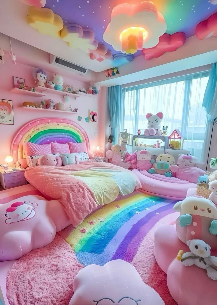 a bedroom with hello kitty bedding and rainbow decorations on the ceiling, windows, and curtains