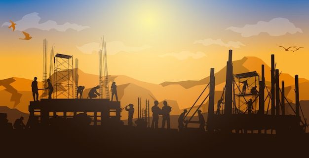 silhouettes of people and birds standing on a construction site at sunset with mountains in the background