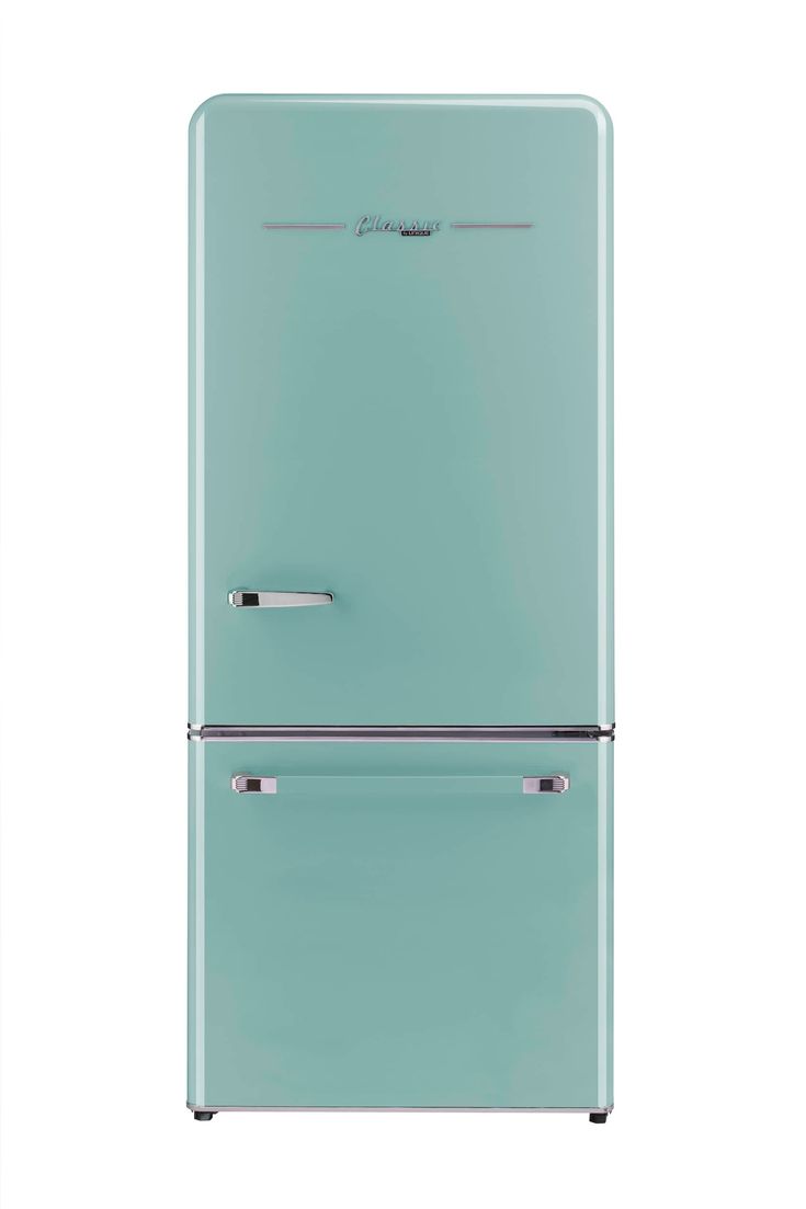 a blue refrigerator freezer sitting on top of a white wall