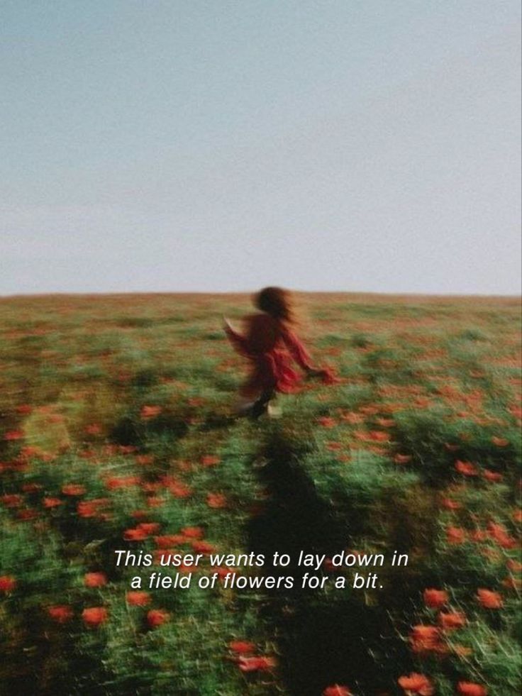 a girl running through a field with flowers in the foreground and a quote on it that says, this user wants to lay down in a field of flowers for a bit