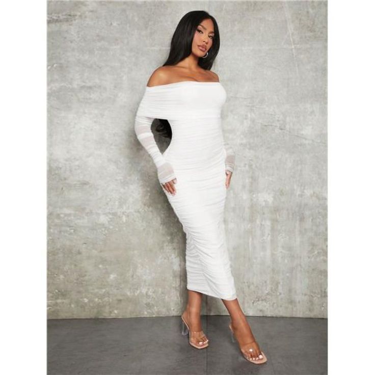 -Item Id 20394788 -Details: Ruched -Neckline: Off The Shoulder -Sleeve Type: Regular Sleeve -Style: Elegant -Waist Line: Natural -Hem Shaped: Pencil -Color: White -Pattern Type: Plain -Sleeve Length: Extra-Long Sleeve -Length: Long -Material: Mesh Fabric -Care Instructions: Machine Wash Or Professional Dry Clean -Body: Lined **Open To Offers!!!** **Bundle To Save More** **30% Off Bundles Of 2 Or More Items!!** ***Orders Go Out Within 5-10 Business Days!! Thank You For Your Patience!! Multiple Si White Fitted Off-shoulder Dress With Long Sleeves, White Fitted Knee-length Off Shoulder Dress, White Fitted Off Shoulder Dress For Night Out, White Off-shoulder Bodycon Dress, White Ruched Off-shoulder Dress, White Ruched Off Shoulder Dress, Fitted Midi-length Off-shoulder Dress For Brunch, Fitted Off Shoulder Midi Dress For Brunch, White Stretch Off-shoulder Midi Dress