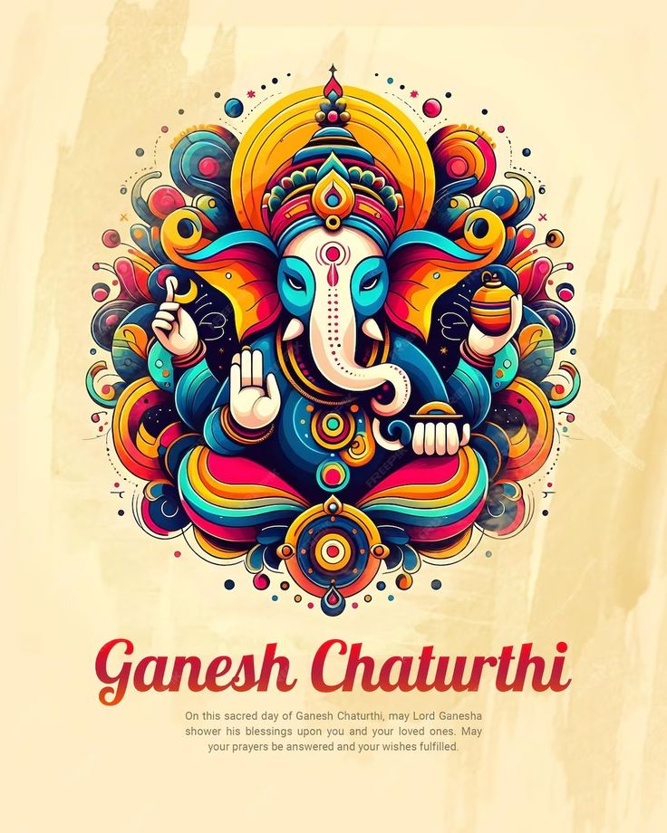 ganesh chaturthi greeting card with colorful graphic art and decorative design on beige background