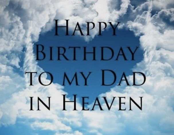 happy birthday to my dad in heaven with heart shaped cloud and blue sky behind it