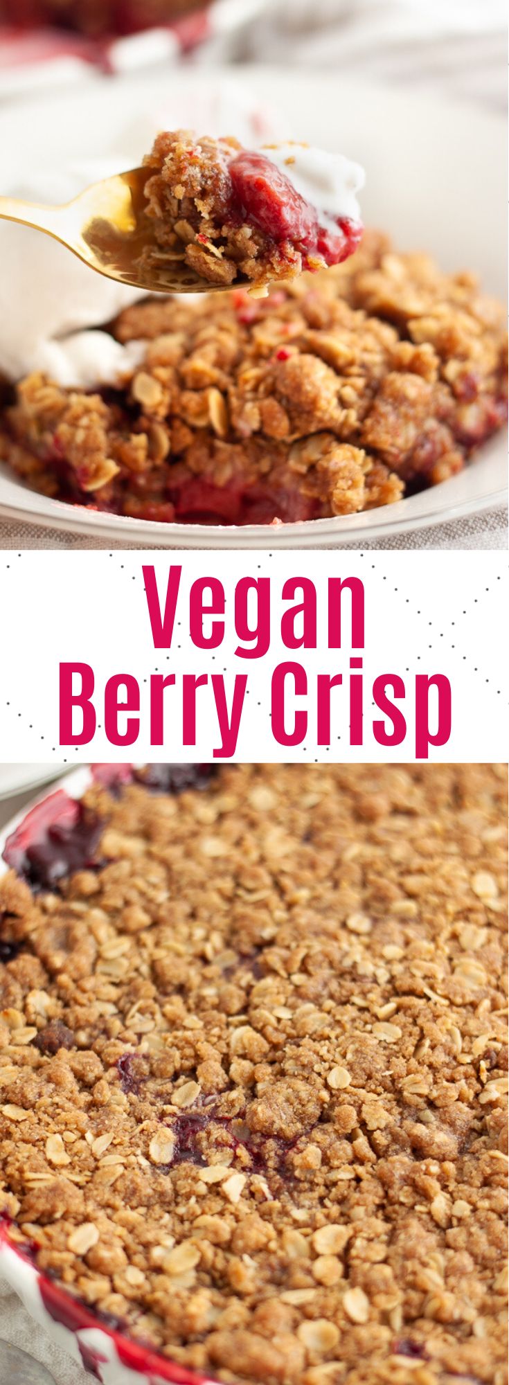 a close up of a plate of food with berries on it and the words vegan berry crisp