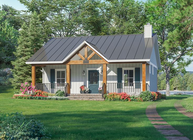 a small house with a porch and covered front porch