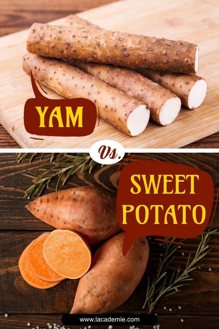 sweet potato and yam on a cutting board with the words yam or sweet potato