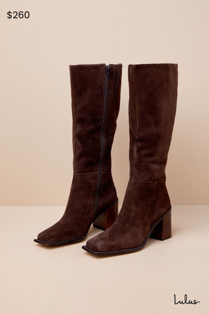 The Matisse Highness Chocolate Suede Leather Distressed Knee-High Boots are what cold weather dreams are made of! Soft genuine suede leather, with subtle distressing, shapes these perfect fall boots with a squared-toe upper that rises to a 13.5"" knee-high shaft with a 15"" circumference. A 14.5"" zipper and an elastic gusset at the instep make for easy on-and-off, all atop a contrasting, distressed block heel. Stitching details throughout. 3" distressed block heel. Cushioned insole. Rubber sole has nonskid markings. Genuine suede leather upper. Balance man made materials. Imported. Lulus | Highness Chocolate Genuine Suede Leather Distressed Knee-High High Heel Boots. Winter Boots High Heel, Chunky Heel Knee High Boots, Brown Boots With Heels, Womens Boots For Fall, Tall Boots With Jeans, Women’s Boots, Fall Knee High Boots, Tall Brown Boots Outfit, Suede Brown Boots